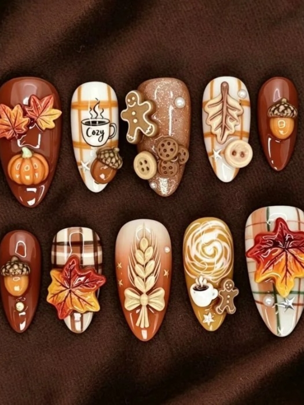 Autumn Cozy Press-On Nails in Brown & Cream